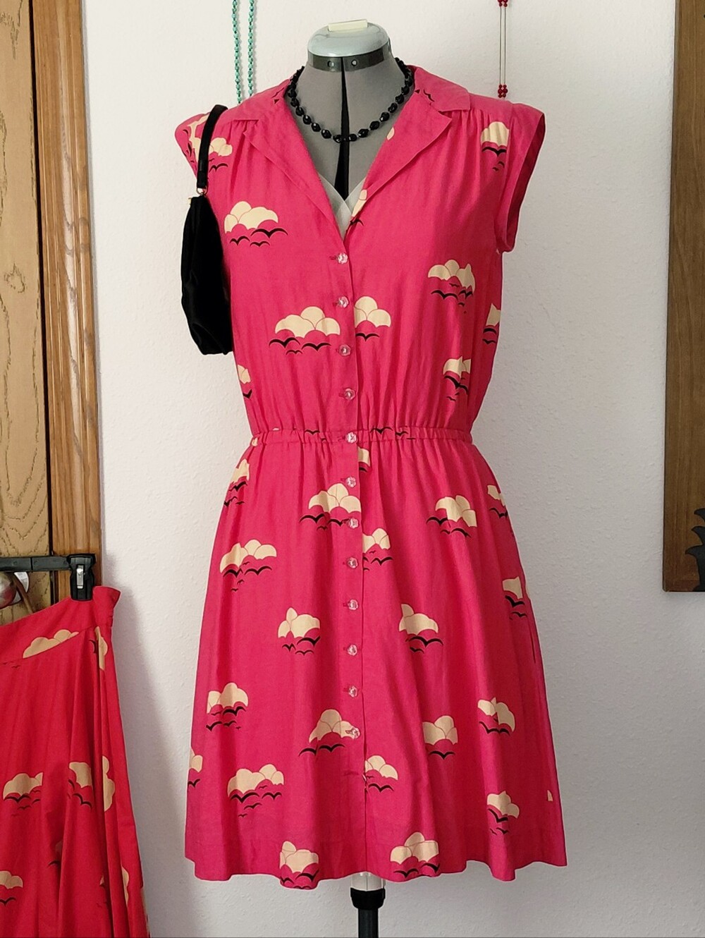 Pink Button-Front Shirt Dress with Cloud Print and Black Bird Silhouette Print